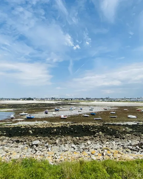 Grève découverte à marée basse, rochers et bateaux posés au loin