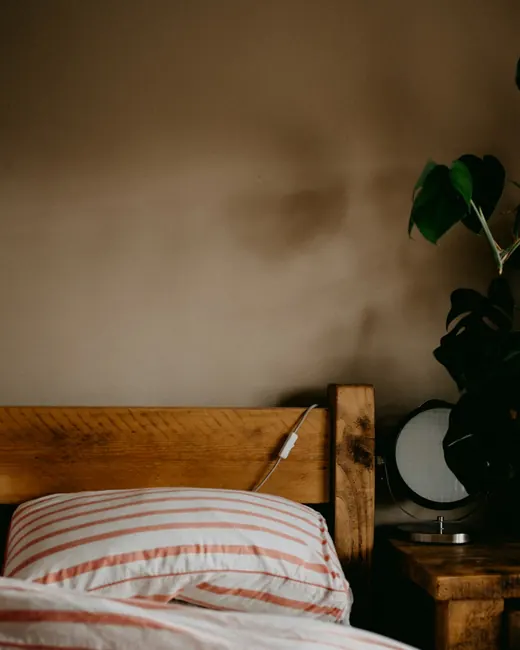 Lit en bois aux draps rayés, plante verte et mur patiné dans la pénombre